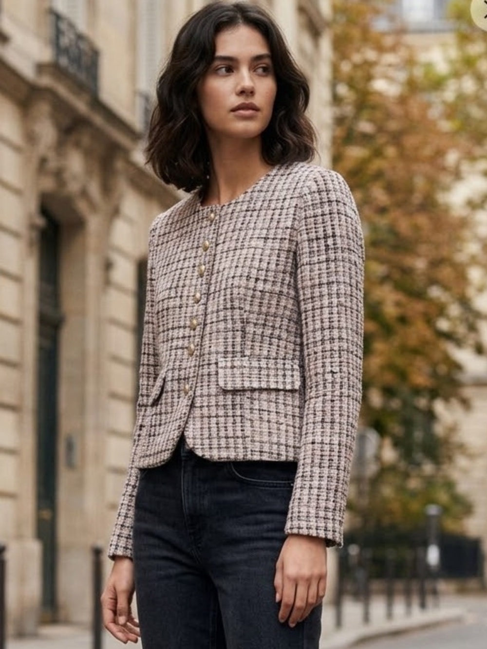 Women's Wool Blended Tweed Jacket - Pink and Black